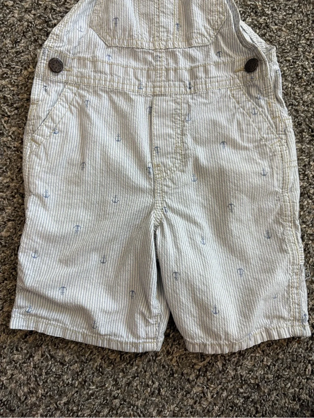 OshKosh B'gosh Light Blue & White Striped Anchor Overalls